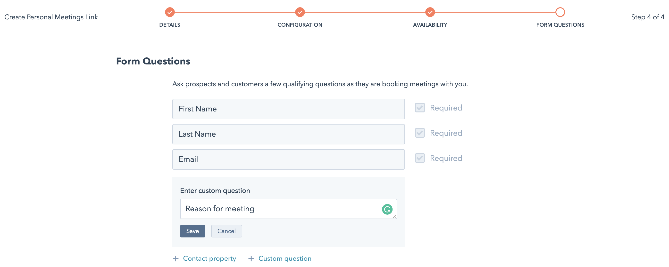 HubSpot Meeting Setup Step 4 Form Questions