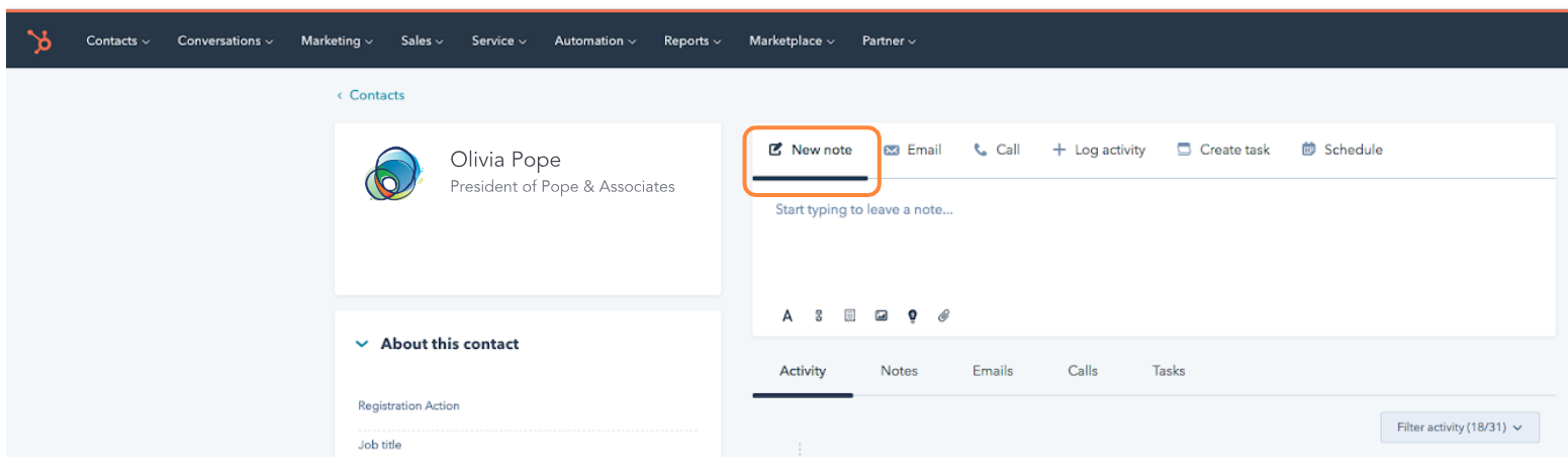 New note in HubSpot-1